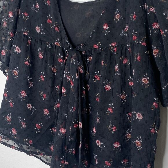 Loft Cute Black Floral Print Round Neck Short Sleeve V-Back With Ties Blouse XXS - Picture 7 of 11